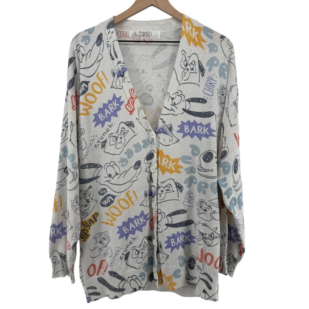 Disney Critters Long Sleeve V-Neck Cardigan AOP White Women L Pluto Gus Tod